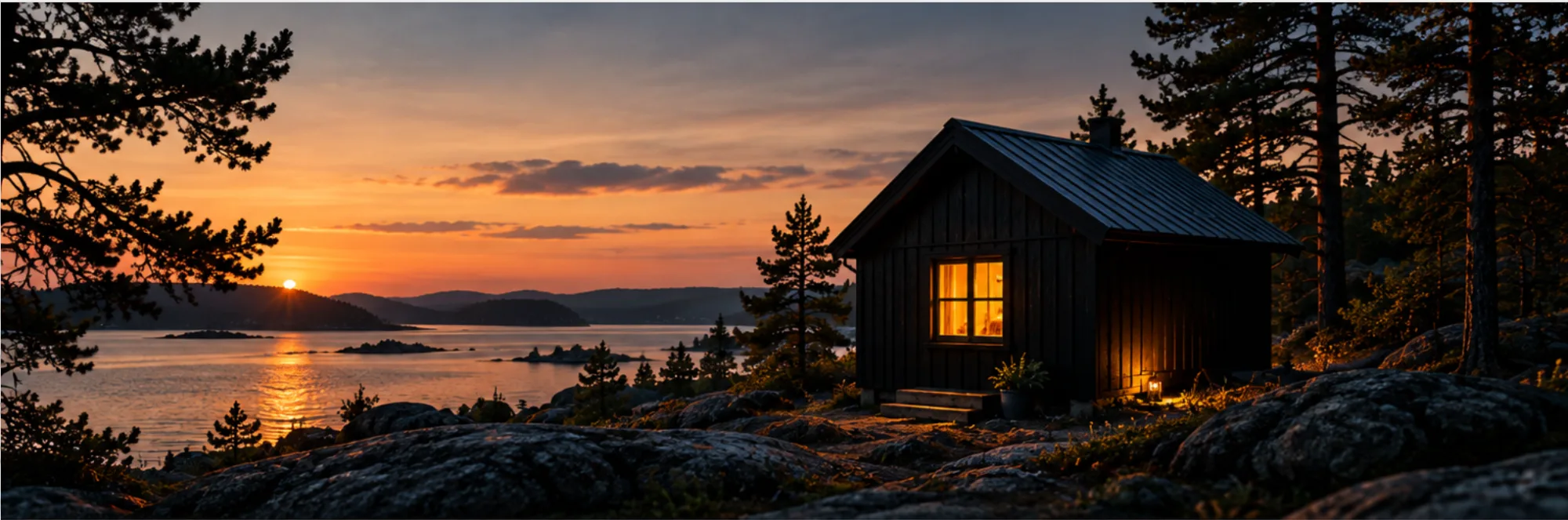 Eine kleine schwarze Holzhütte mit erleuchtetem Fenster an einer schwedischen Schärenküste bei Sonnenuntergang